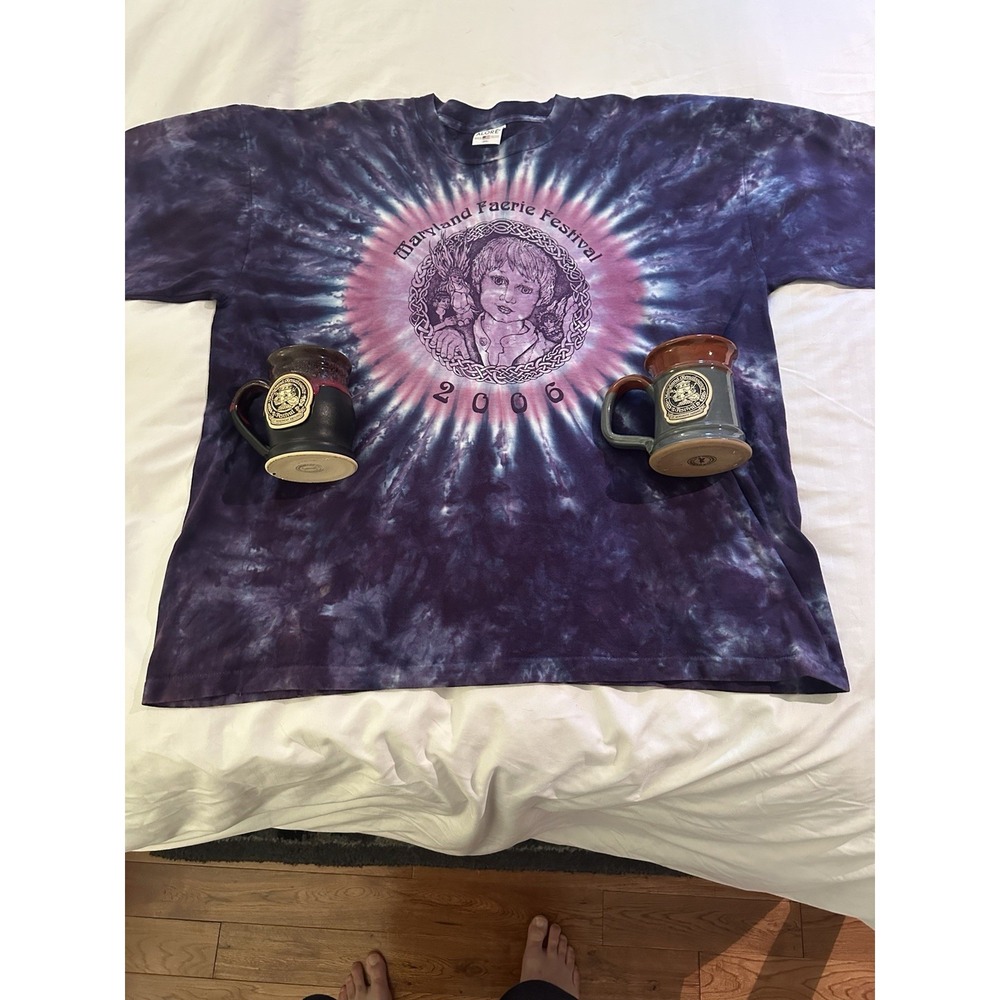Maryland Faerie festival Purple Tie-Dye 3XL and two Grey fox pottery mugs lot!